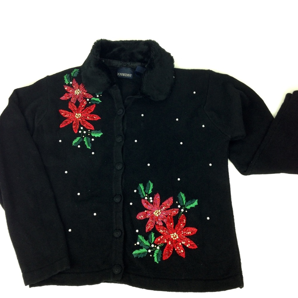 Vintage poinsettia Christmas embellished sweater L